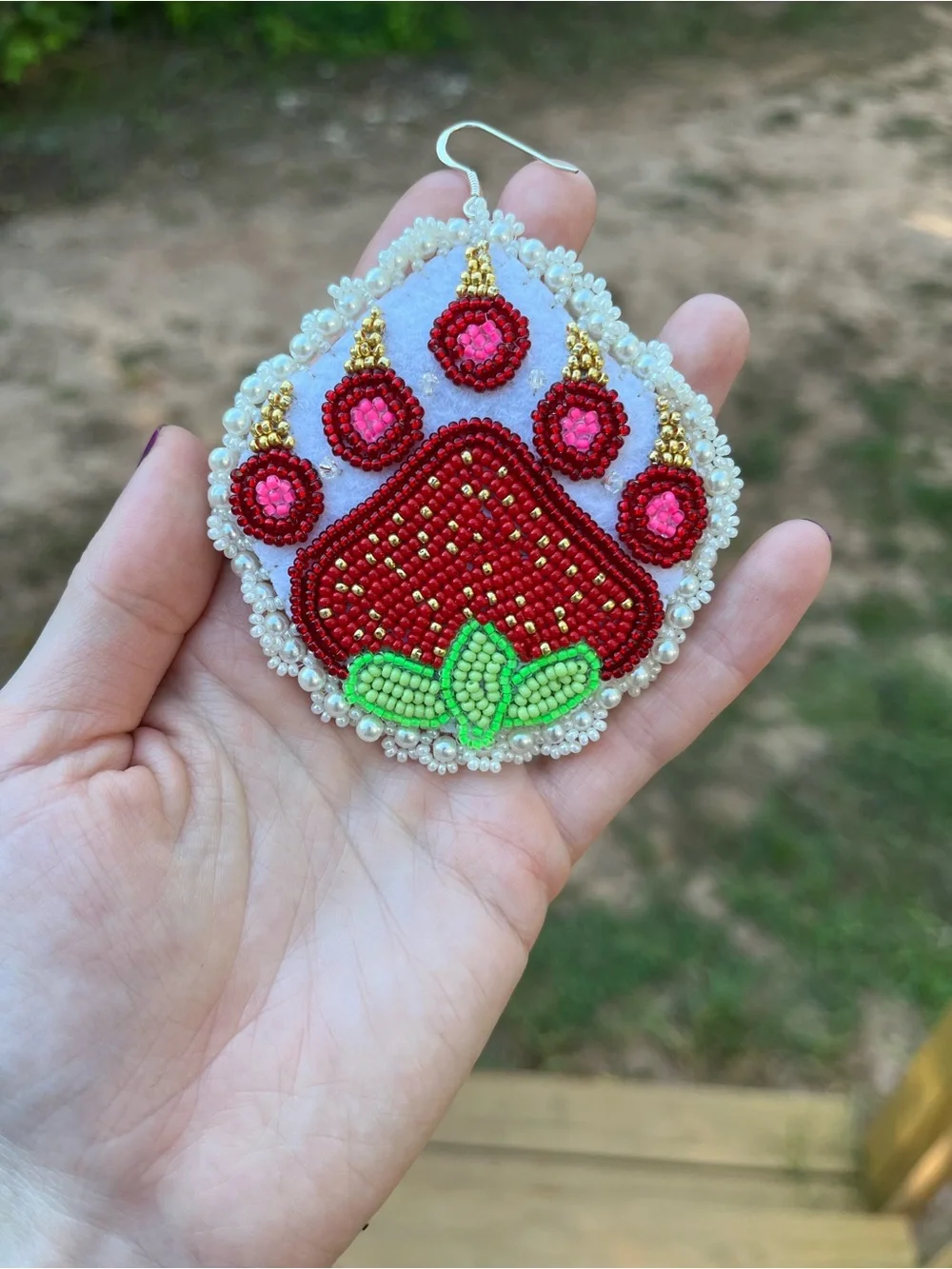 Earrings, Red Strawberry Paws, Hand Sewn